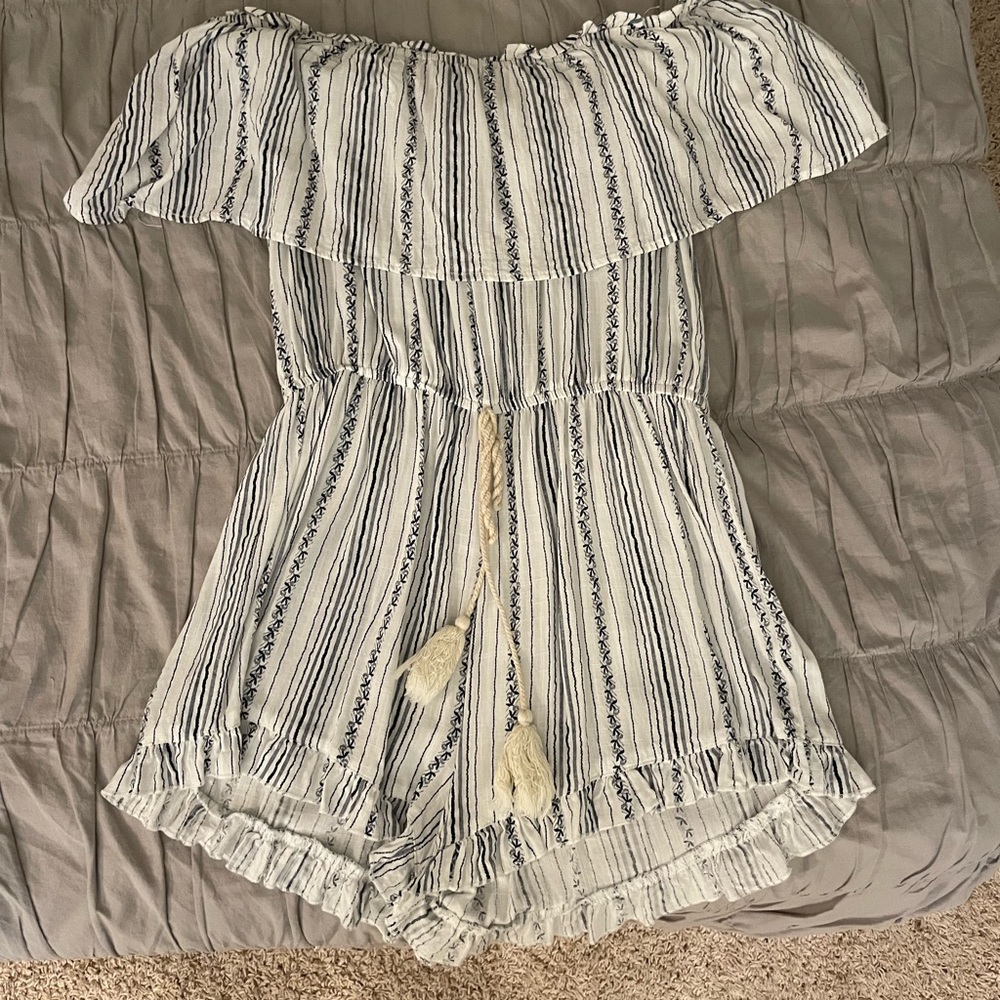 white and blue off the shoulder romper